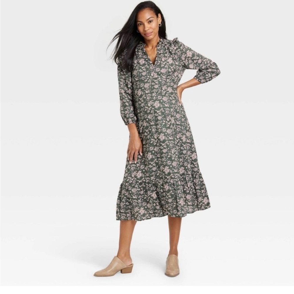 Maternity Dark Green Floral Long Sleeve Dress
